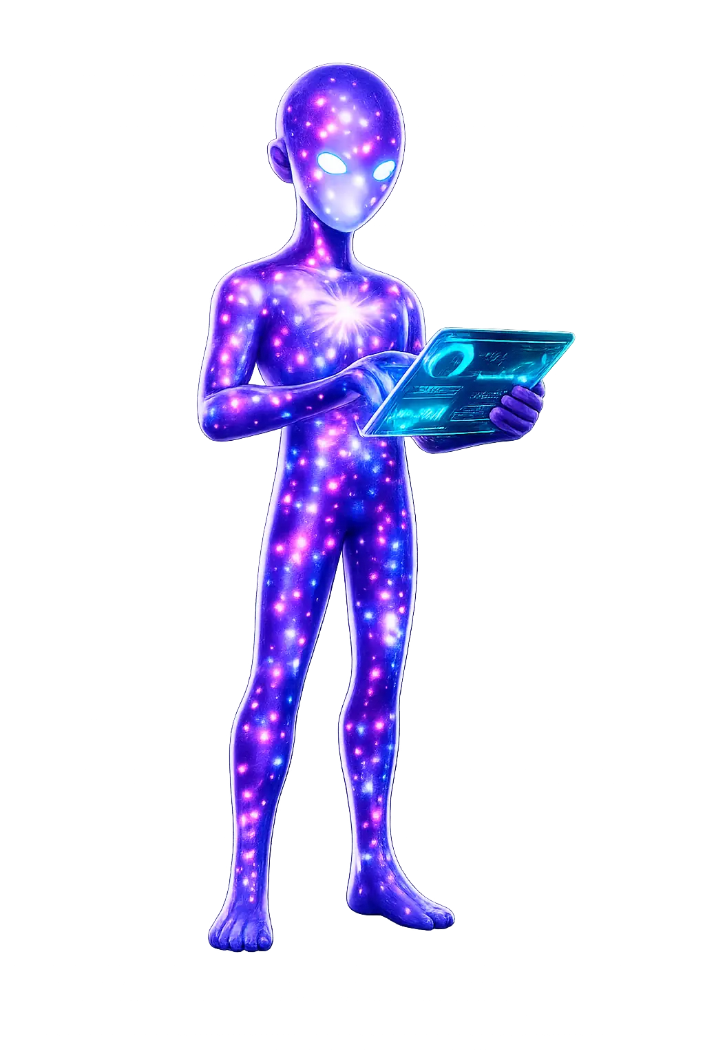 Figura celestial estudiando una tableta holográfica