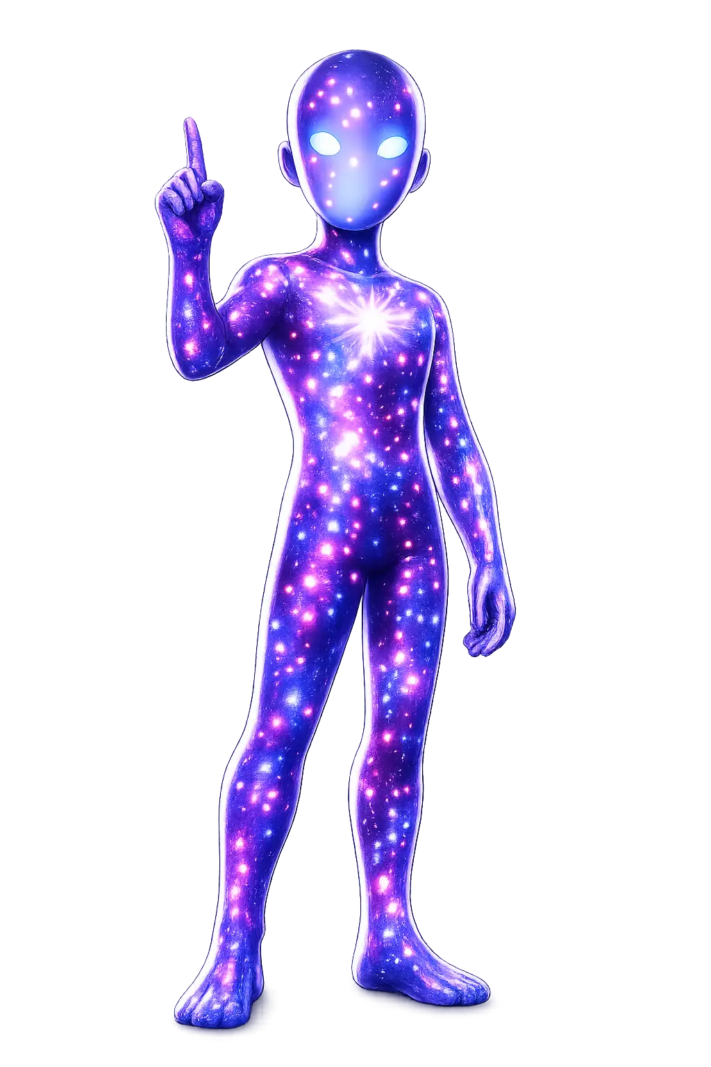 Figura celestial señalando hacia arriba con el índice
